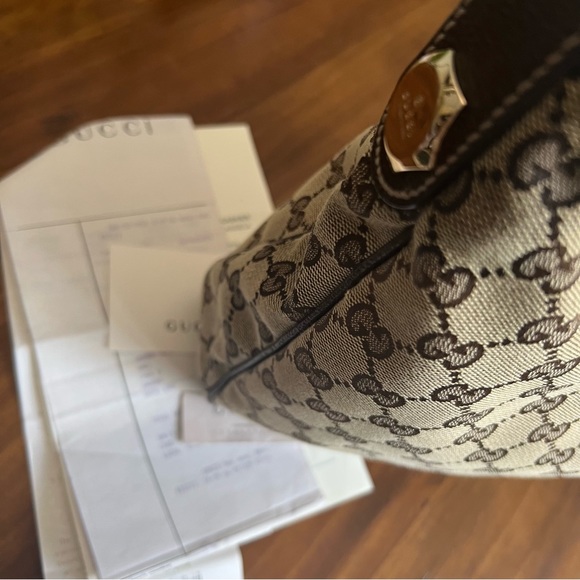 GUCCI | GG Jacquard/Leather Trim Hobo Shoulder Bag in Brown - Picture 13 of 17